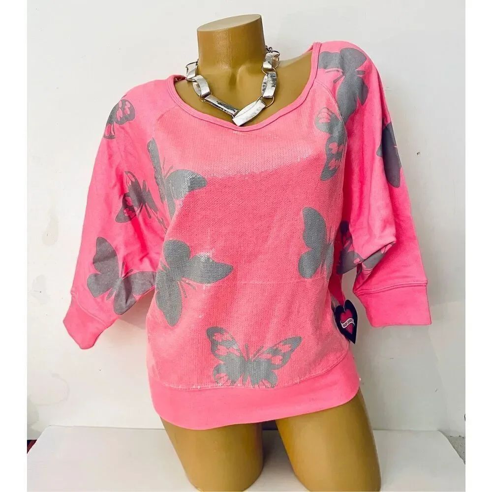 NWT Hard Candy Pink Sequined Dolman Sleeve Butterfly Print Pollover Sweatshirt